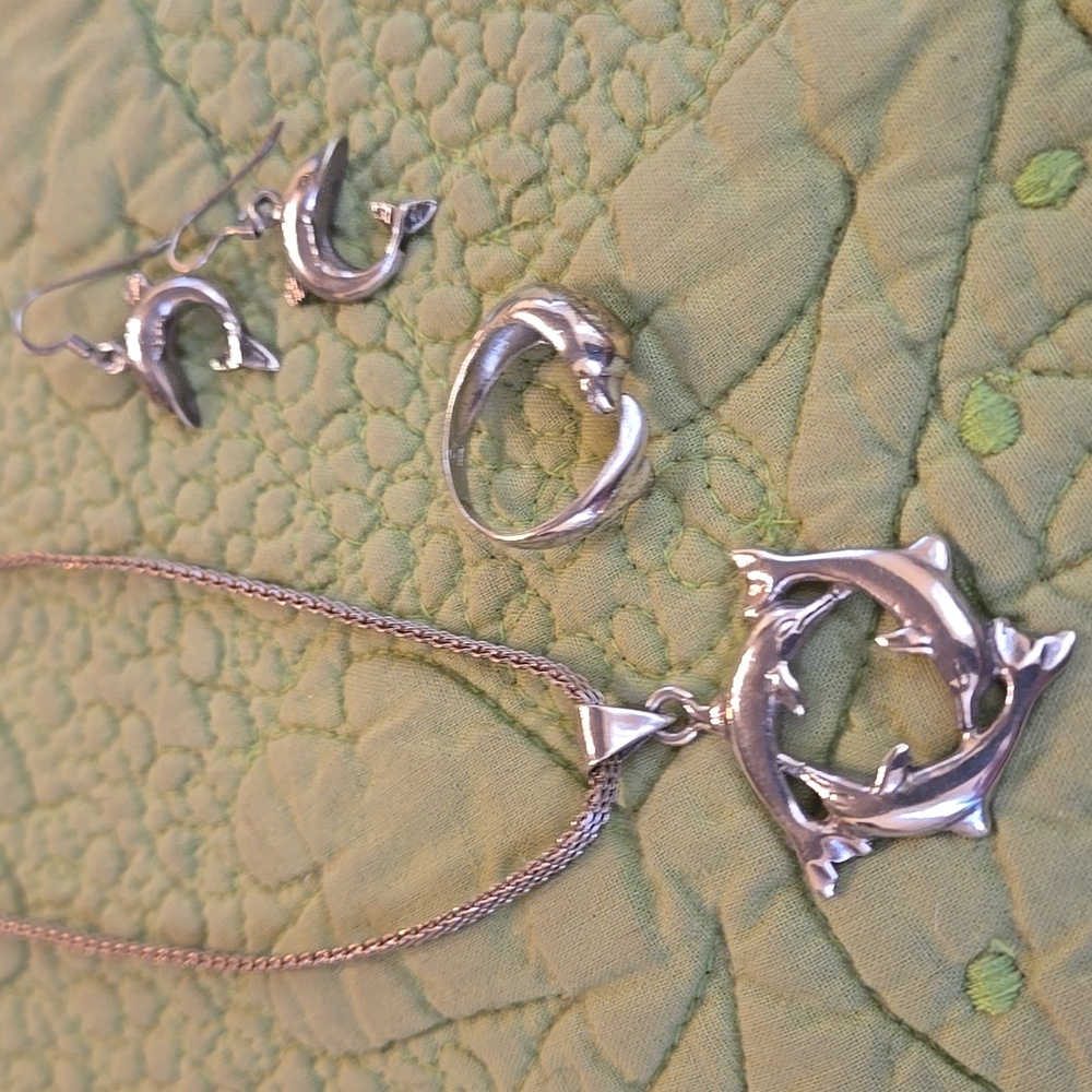 Sterling Silver Ocean Dolphins Set; Pendant with chain, drop Earrings, Ring
